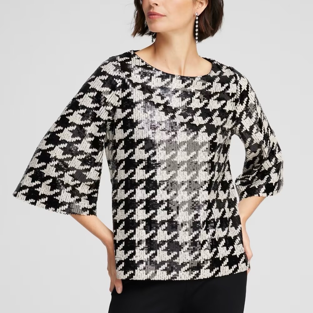 Chico’s Classy Black & White Sequin Houndstooth Flare 3/4 Sleeve Blouse Top
